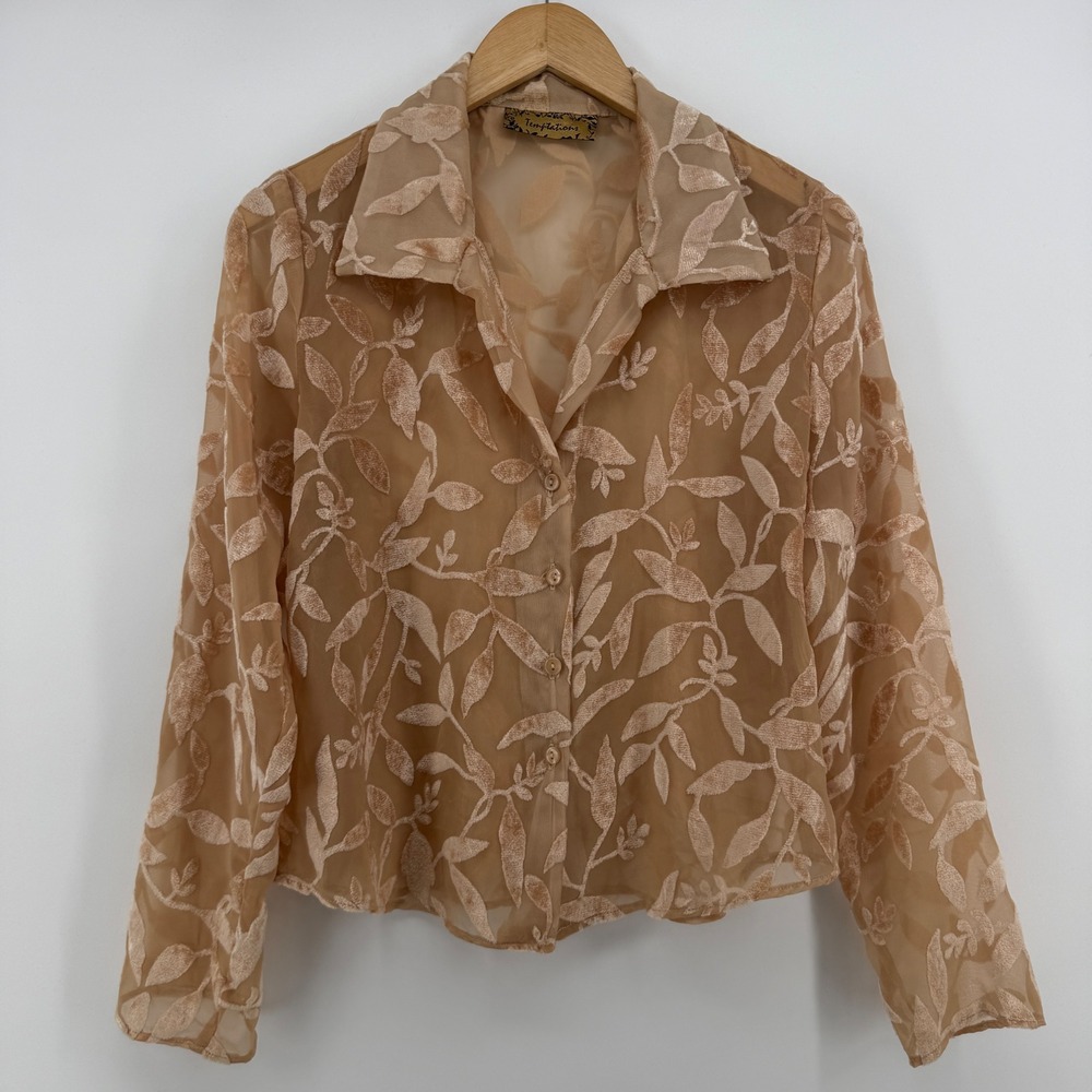 Temptations Tan Velvet Burnout Leaf Sheer Mesh Button Down Blouse Womens Medium